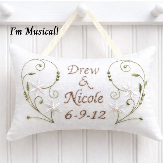 Personalized Music Box Pillow -- Embroidered MUSICAL Keepsake -- Simple Swirls & Starflowers -- Wedding