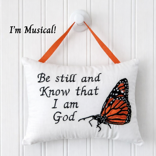 Personalized Music Box Pillow -- Embroidered MUSICAL Keepsake -- Resting Monarch Butterfly