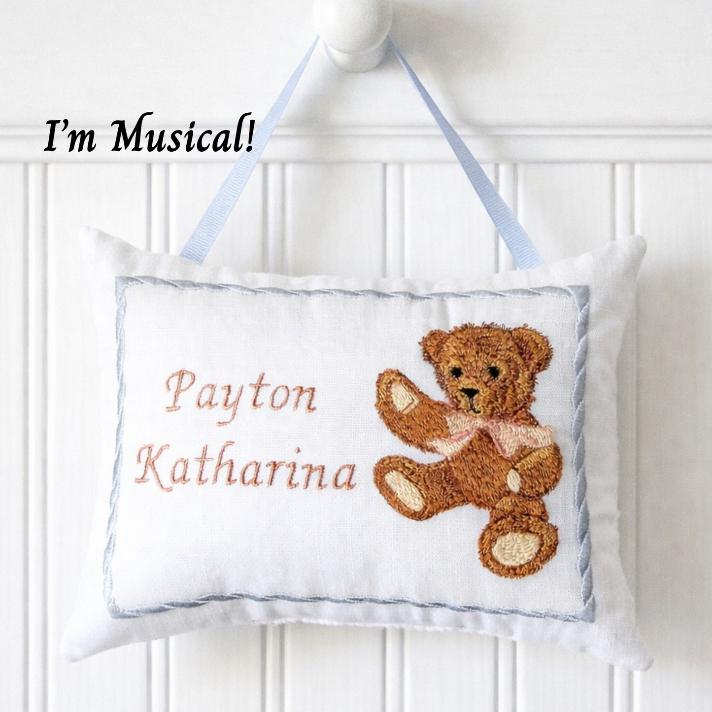 Personalized Embroidered Music Box Pillow -- MUSICAL Keepsake -- Classic Teddy Bear with Bow