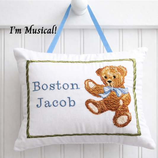 Personalized Embroidered Music Box Pillow -- MUSICAL Keepsake -- Classic Teddy Bear with Bow