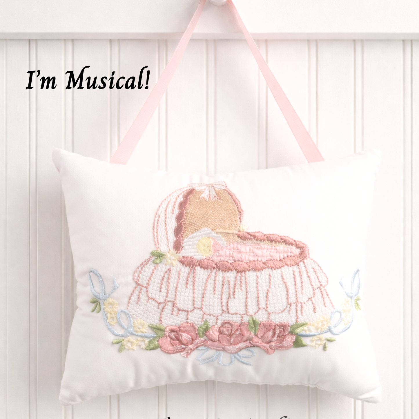 Decorative music box pillow with musical instrument design on a white background