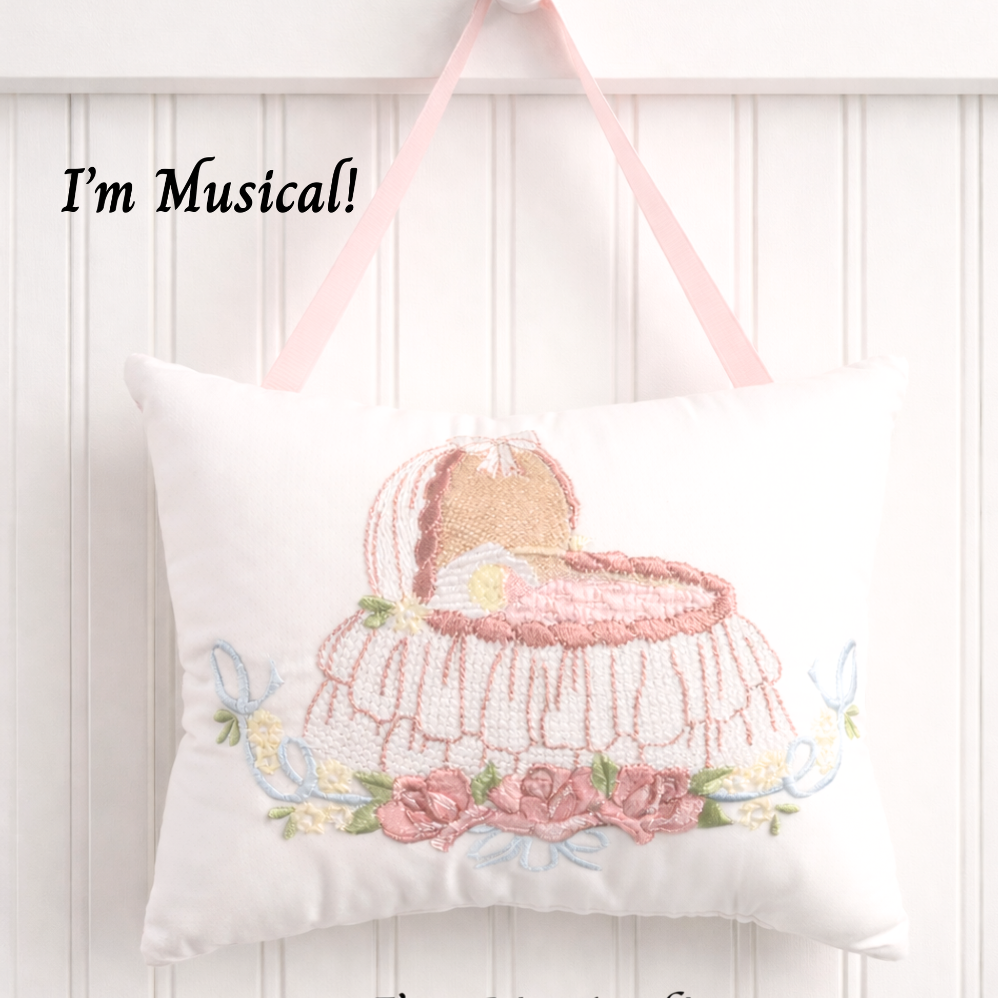 Decorative music box pillow with musical instrument design on a white background