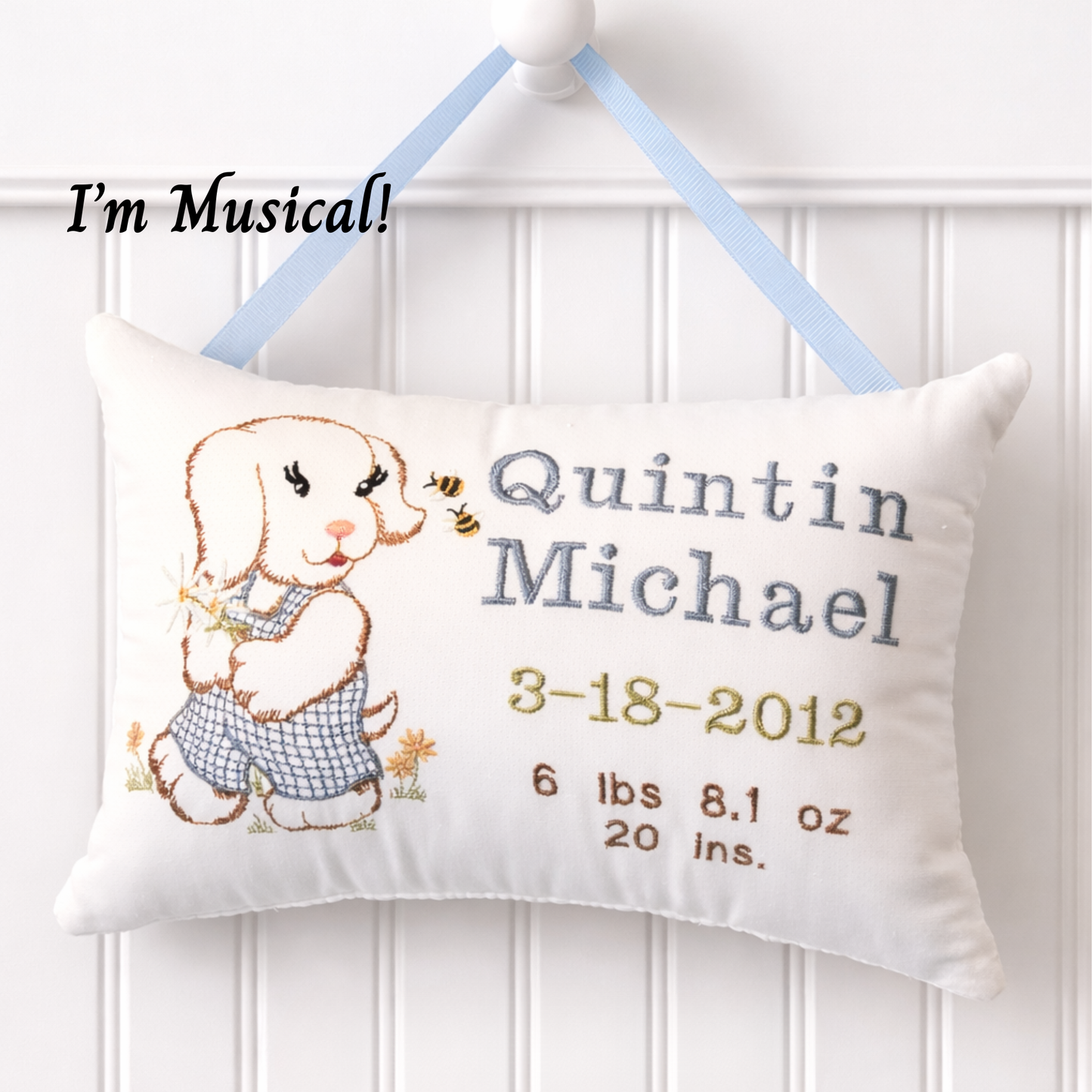 Personalized Music Box Pillow -- Embroidered MUSICAL Baby Keepsake -- Vintage Puppy Sampler