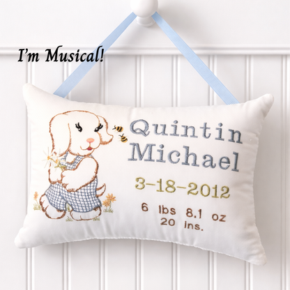 Personalized Music Box Pillow -- Embroidered MUSICAL Baby Keepsake -- Vintage Puppy Sampler