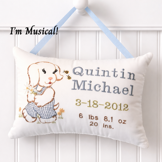 Personalized Music Box Pillow -- Embroidered MUSICAL Baby Keepsake -- Vintage Puppy Sampler