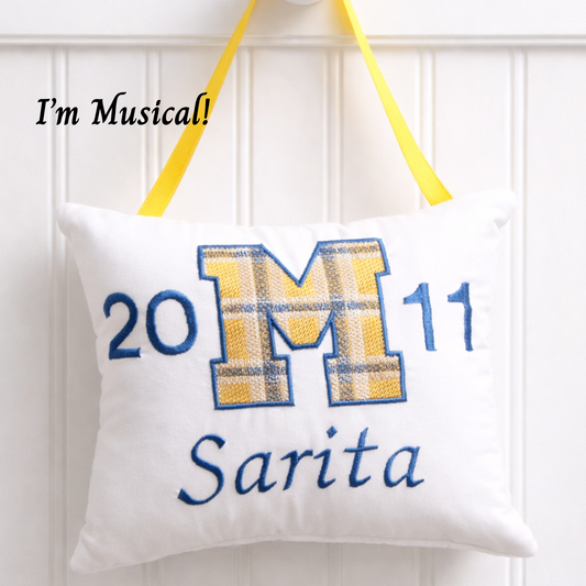 Personalized Music Box Pillow -- Embroidered MUSICAL Keepsake -- Plaid Collegiate Letter -- Seniors, Graduates, Sports, Music, Team Spirit