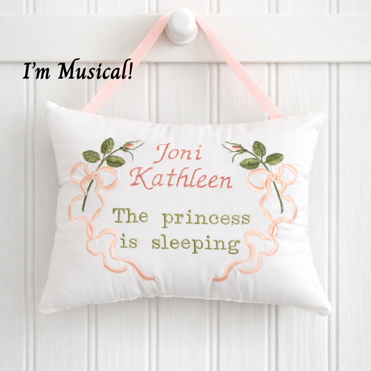 Personalized Music Box Pillow -- Embroidered MUSICAL Baby Keepsake -- Ribbons & Roses