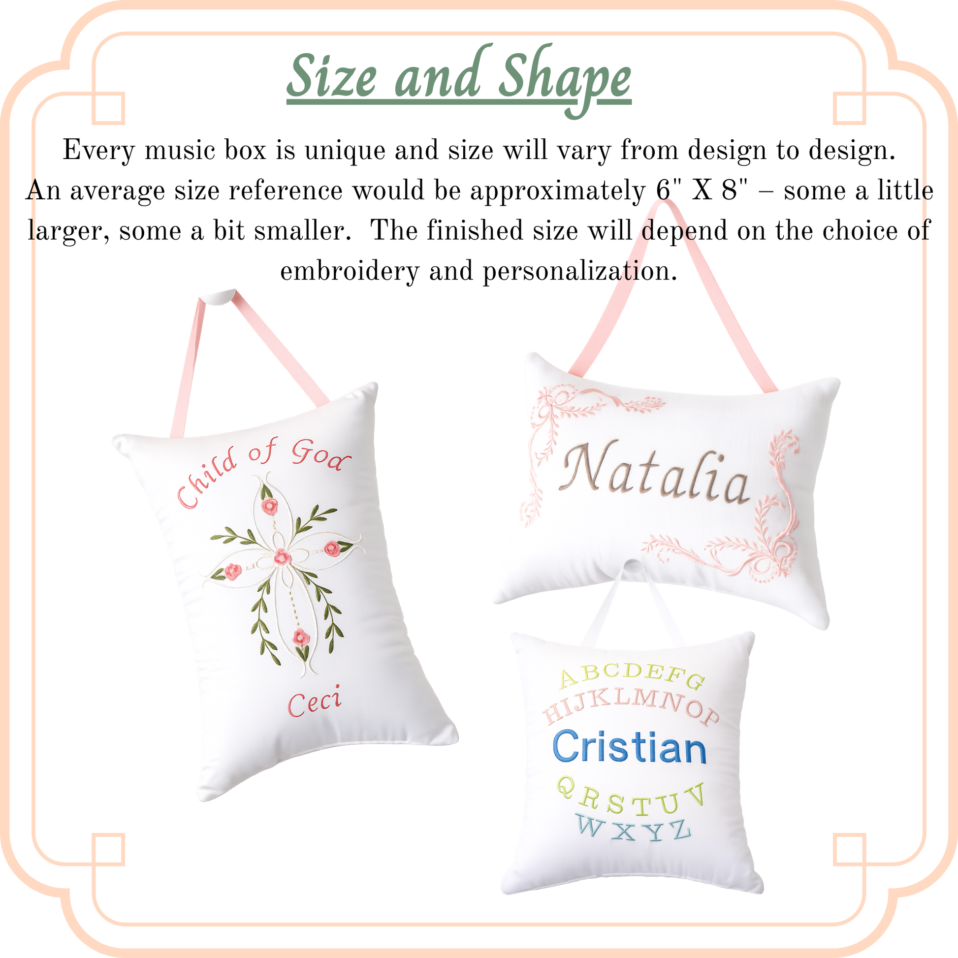 Three personalized music box pillows with embroidered names and designs on a white background.