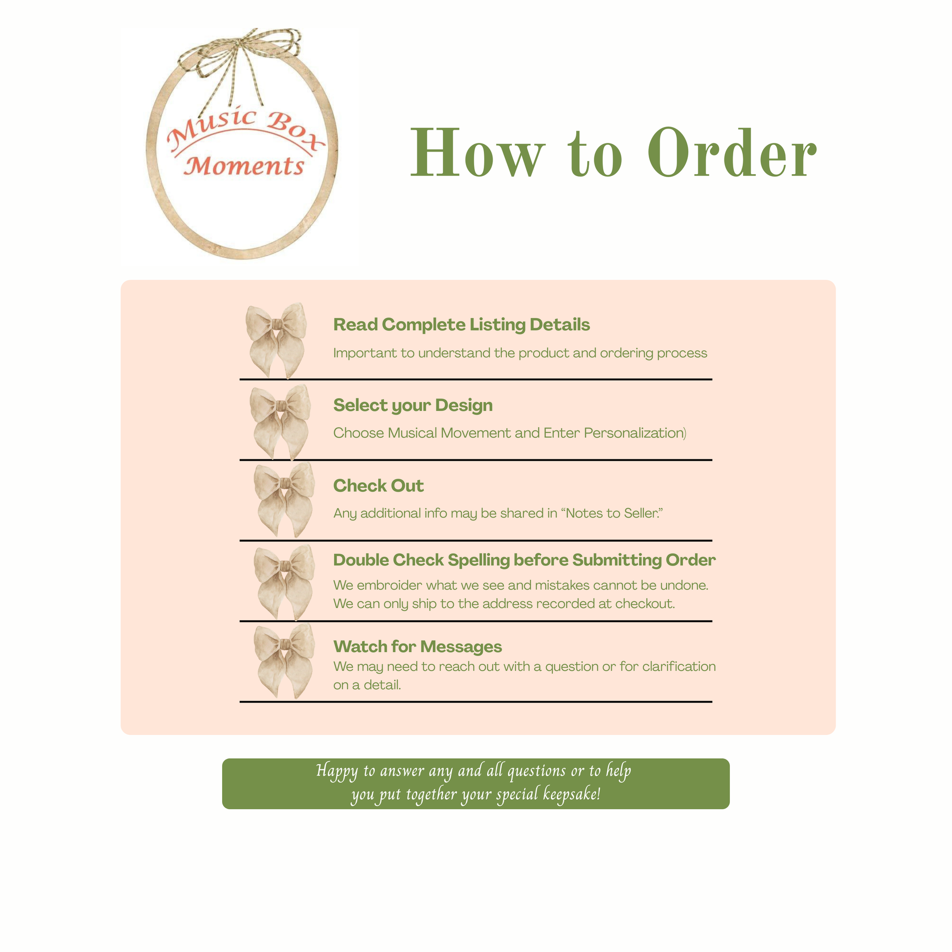 Instructions on how to order from Music Box Moments with a pink background and green text.