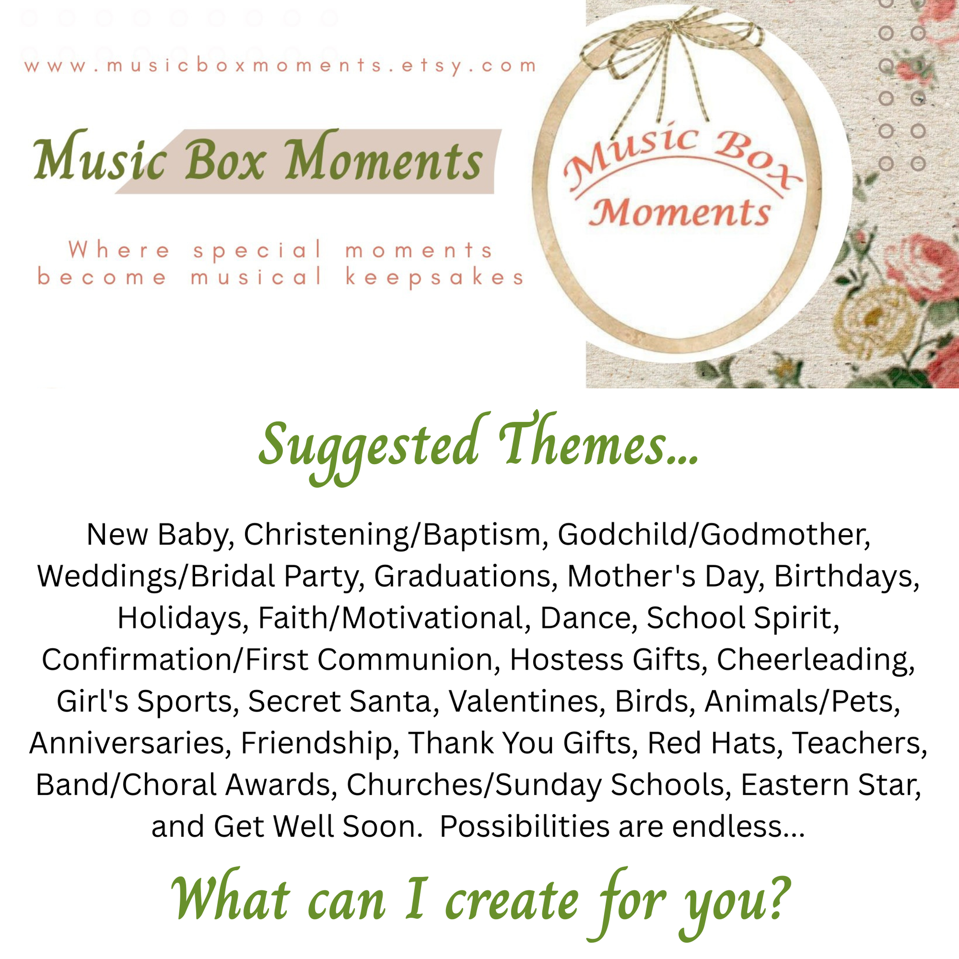 Promotional text for Music Box Moments with suggested themes and website URL.