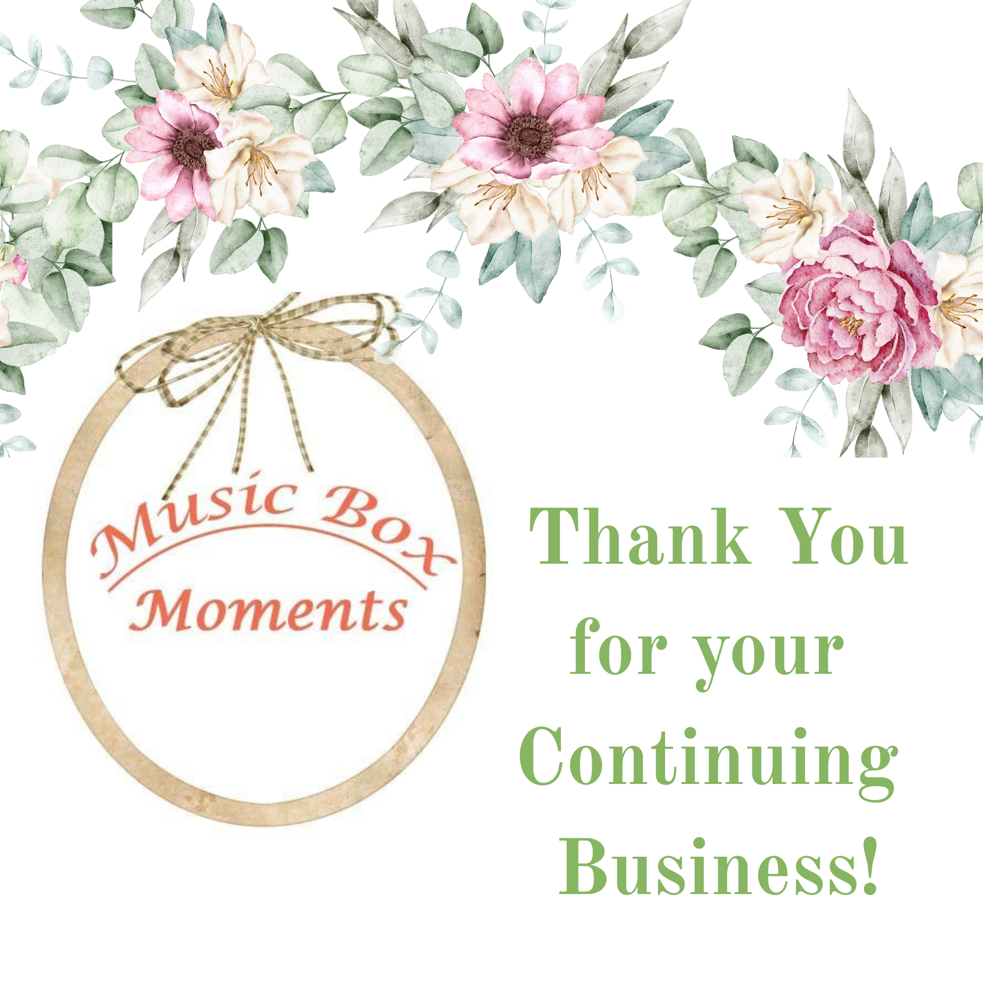 Decorative card with floral elements and 'Music Box Moments' text on a white background