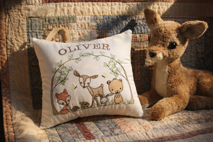 Personalized Embroidered Music Box Pillow -- MUSICAL Keepsake -- Woodland Animals