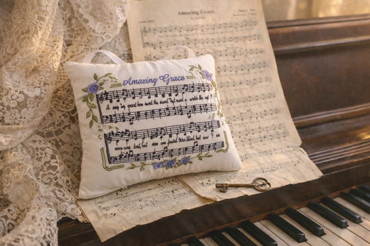 Personalized Music Box Pillow --  Embroidered MUSICAL Keepsake -- Amazing Grace Hymn